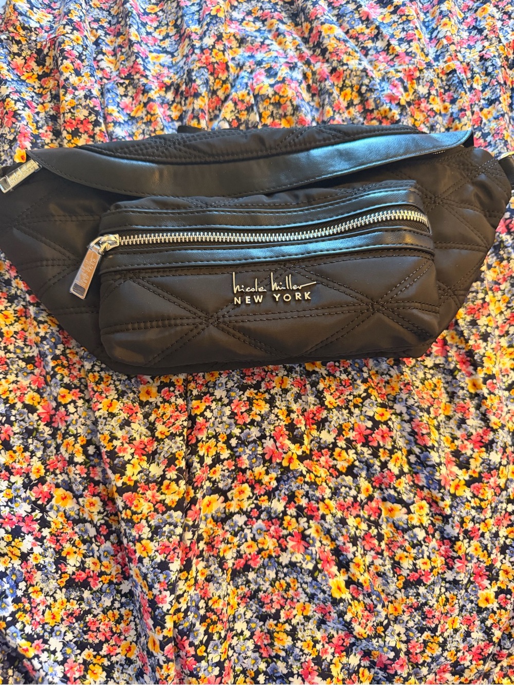 NWT Nicole Miller New York Black Quilted Crossbody Belt Bag